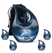 Vivid Blue Bear Cremation Urn urn with complimentary velvet bag - faith-inspired cross-drop urn with bear pattern - memorial set with one large and four small urns