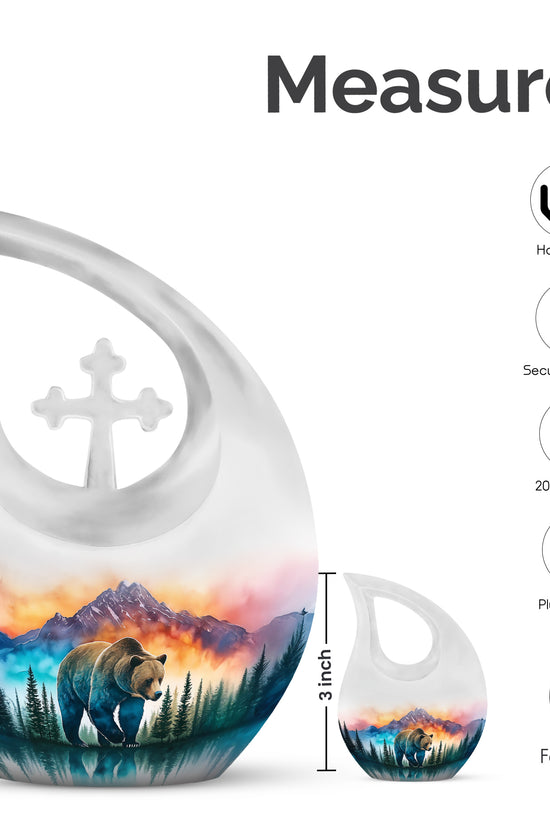 Moonlight Silver Bear Cremation Urn back view with polished surface - faith-inspired cross-drop urn with bear pattern - mini keepsake memorial for portion of cremation ashes