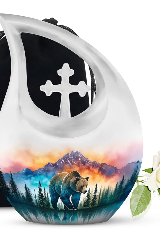 Frosted Silver Bear Cremation Urn top-down view of secure threaded lid - faith-inspired cross-drop urn with bear pattern - full-size 10 inch 200 cubic inch adult cremation urn
