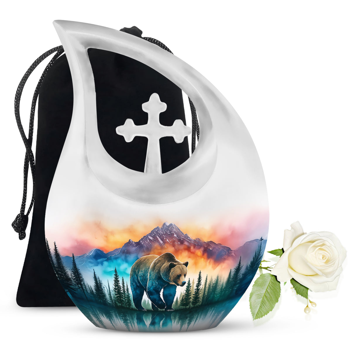 Frosted Silver Bear Cremation Urn top-down view of secure threaded lid - faith-inspired cross-drop urn with bear pattern - full-size 10 inch 200 cubic inch adult cremation urn