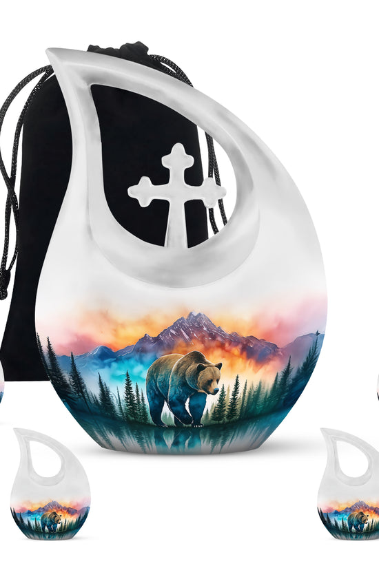 Brushed Silver Bear Cremation Urn urn with complimentary velvet bag - sacred cross merged with bear motif on metal - memorial set with one large and four small urns