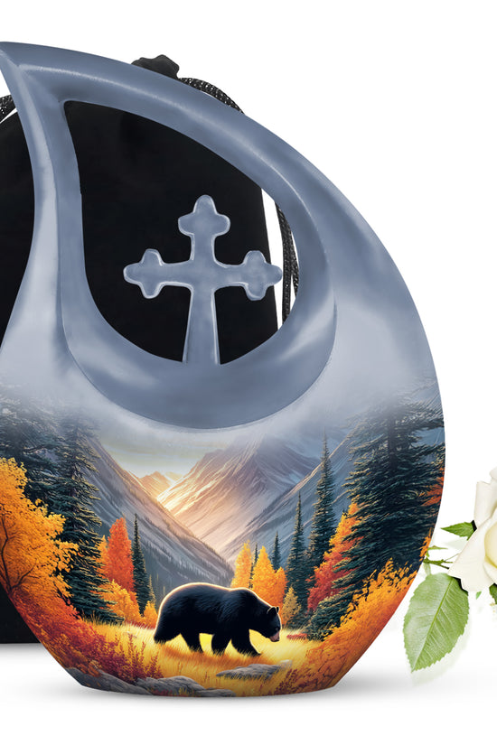 Royal Gold Bear Cremation Urn top-down view of secure threaded lid - devotional cross-drop bear engraving - full-size 10 inch 200 cubic inch adult cremation urn