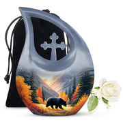 Royal Gold Bear Cremation Urn top-down view of secure threaded lid - devotional cross-drop bear engraving - full-size 10 inch 200 cubic inch adult cremation urn
