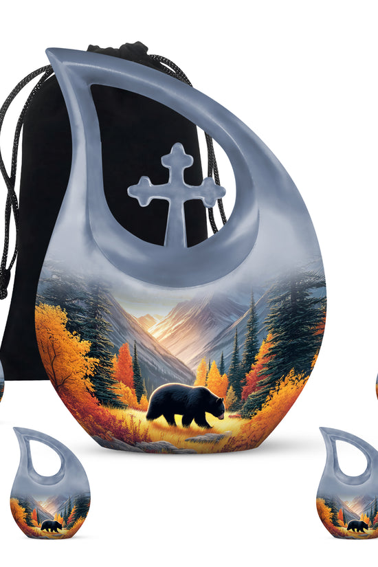 Burnished Gold Bear Cremation Urn urn with complimentary velvet bag - devotional cross-drop bear engraving - memorial set with one large and four small urns