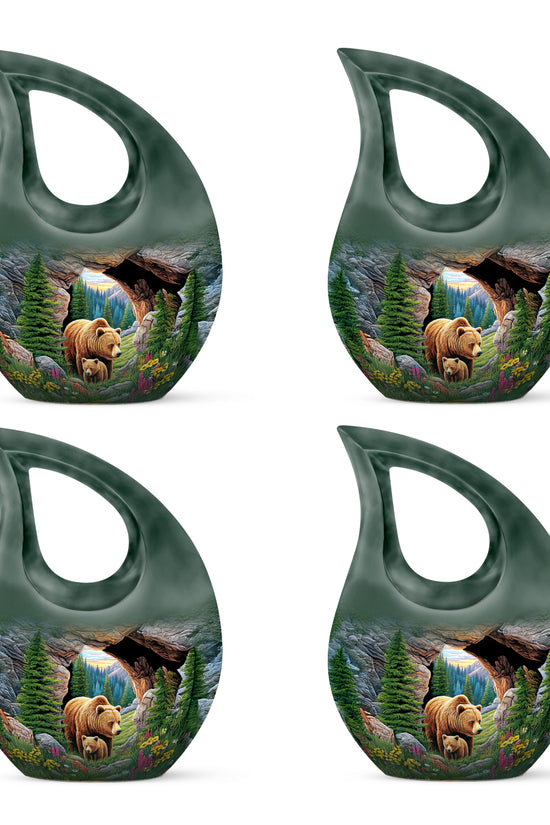 Verdant Green Bear Cremation Urn lifestyle display on memorial shelf - sacred cross merged with bear motif on metal - 10 inch aluminum urn for cremated remains