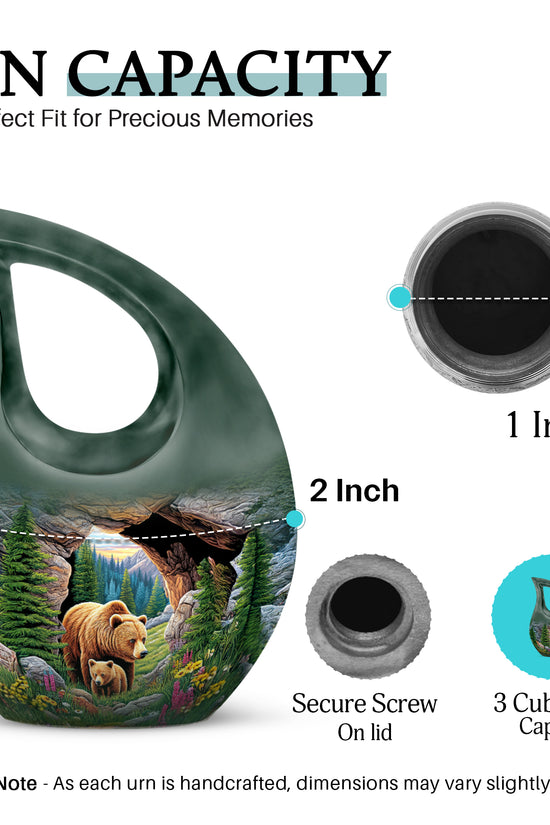 Pine Green Bear Cremation Urn back view with polished surface - devotional cross-drop bear engraving - mini keepsake memorial for portion of cremation ashes