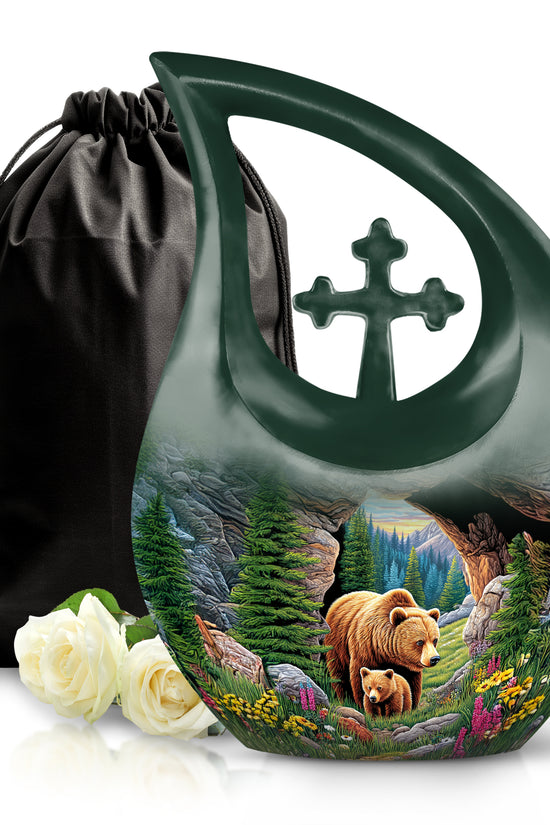Moss Green Bear Cremation Urn top-down view of secure threaded lid - sacred cross merged with bear motif on metal - full-size 10 inch 200 cubic inch adult cremation urn