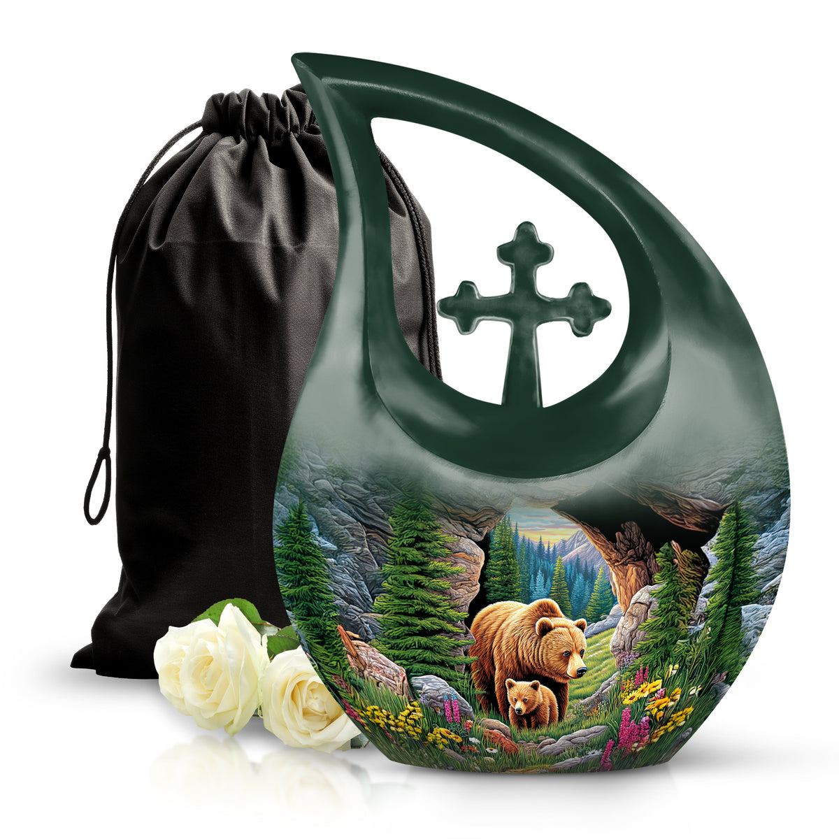 Moss Green Bear Cremation Urn top-down view of secure threaded lid - sacred cross merged with bear motif on metal - full-size 10 inch 200 cubic inch adult cremation urn