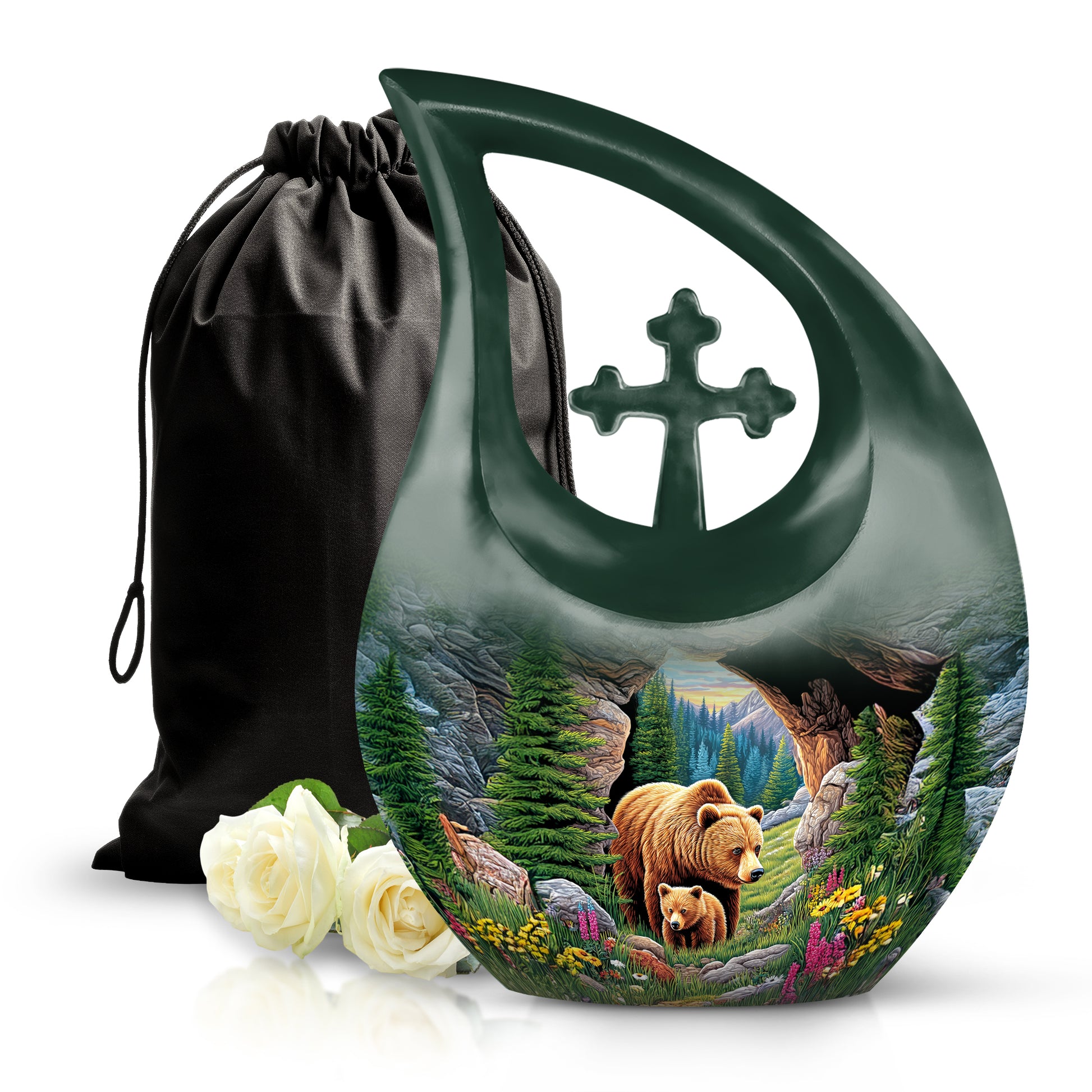 Moss Green Bear Cremation Urn top-down view of secure threaded lid - sacred cross merged with bear motif on metal - full-size 10 inch 200 cubic inch adult cremation urn