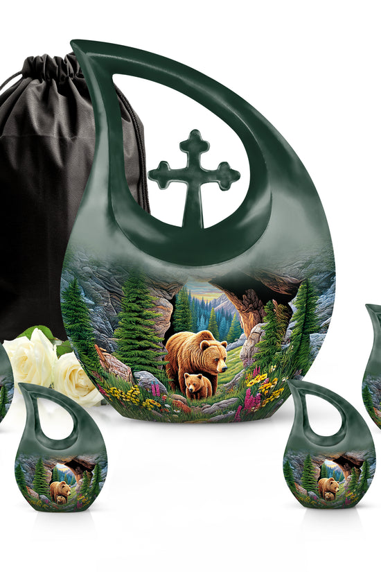 Pine Green Bear Cremation Urn urn with complimentary velvet bag - faith-inspired cross-drop urn with bear pattern - memorial set with one large and four small urns