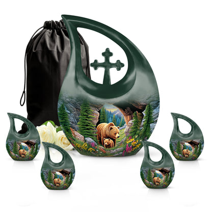 Pine Green Bear Cremation Urn urn with complimentary velvet bag - faith-inspired cross-drop urn with bear pattern - memorial set with one large and four small urns