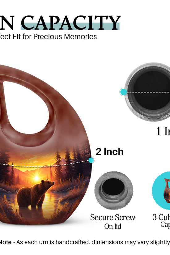 Deep Red Bear Cremation Urn back view with polished surface - sacred cross merged with bear motif on metal - mini keepsake memorial for portion of cremation ashes
