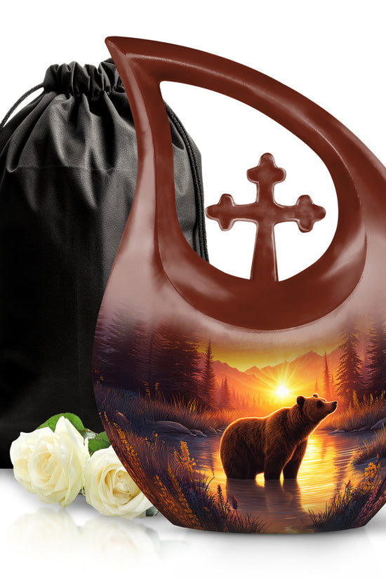 Burgundy Red Bear Cremation Urn top-down view of secure threaded lid - cross and bear combined in spiritual memorial design - full-size 10 inch 200 cubic inch adult cremation urn
