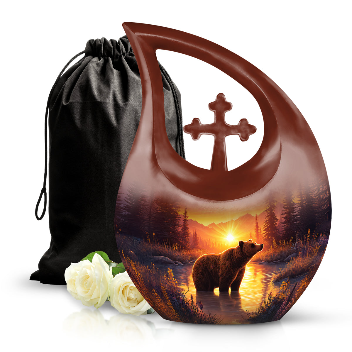 Burgundy Red Bear Cremation Urn top-down view of secure threaded lid - cross and bear combined in spiritual memorial design - full-size 10 inch 200 cubic inch adult cremation urn
