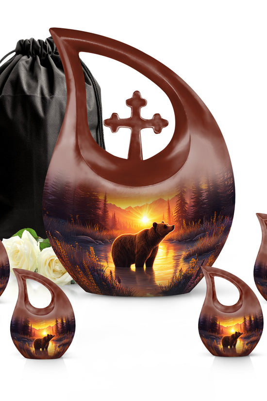 Ruby Red Bear Cremation Urn urn with complimentary velvet bag - devotional cross-drop bear engraving - memorial set with one large and four small urns