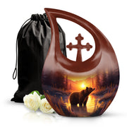 Burgundy Red Bear Cremation Urn top-down view of secure threaded lid - sacred cross merged with bear motif on metal - full-size 10 inch 200 cubic inch adult cremation urn