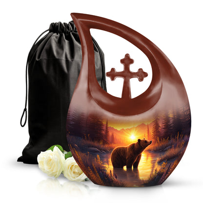 Burgundy Red Bear Cremation Urn top-down view of secure threaded lid - sacred cross merged with bear motif on metal - full-size 10 inch 200 cubic inch adult cremation urn