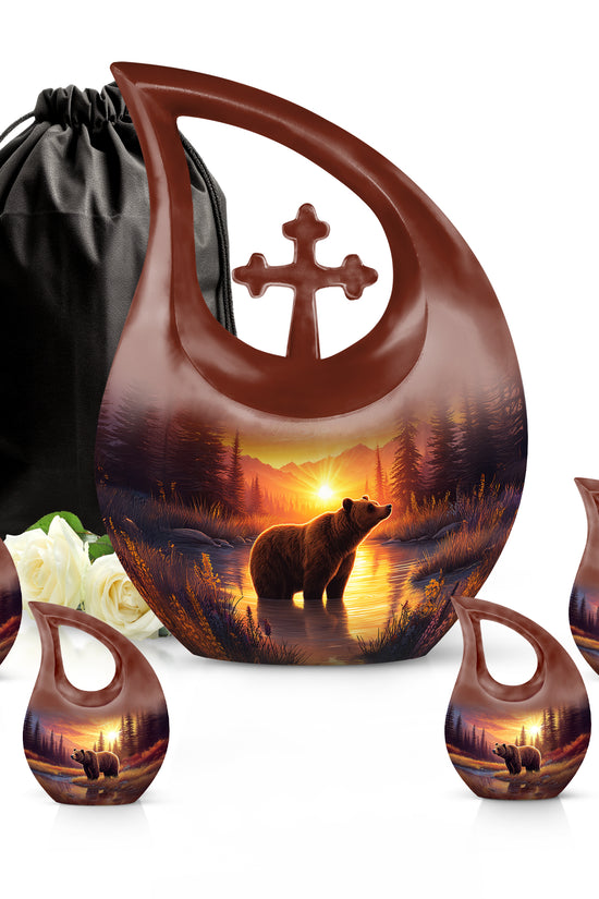 Wine Red Bear Cremation Urn urn with complimentary velvet bag - cross and bear combined in spiritual memorial design - memorial set with one large and four small urns