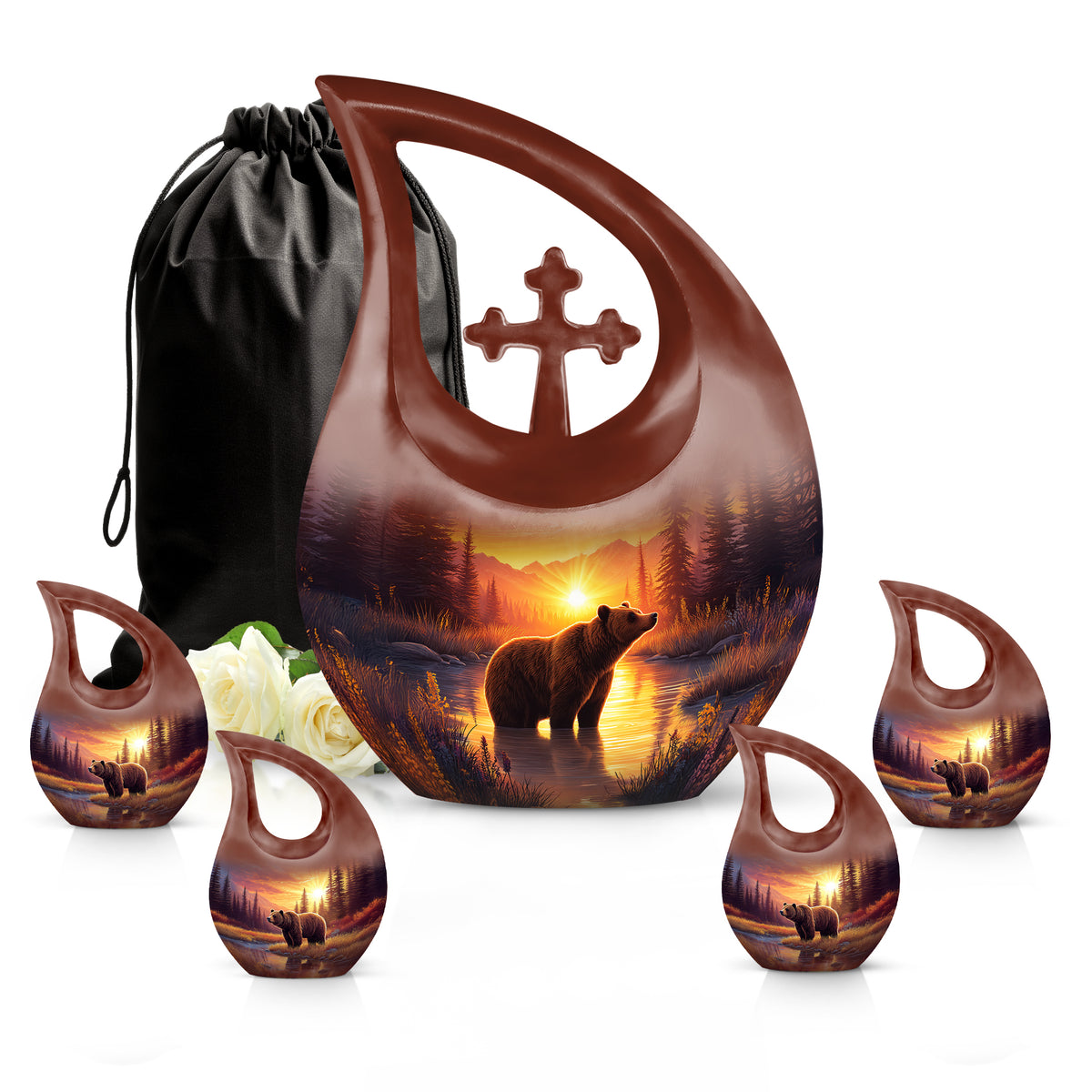 Wine Red Bear Cremation Urn urn with complimentary velvet bag - cross and bear combined in spiritual memorial design - memorial set with one large and four small urns