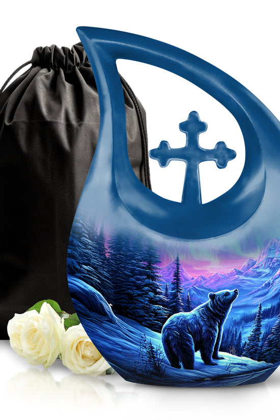 Majestic Purple Bear Cremation Urn top-down view of secure threaded lid - sacred cross merged with bear motif on metal - full-size 10 inch 200 cubic inch adult cremation urn