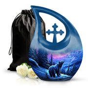 Majestic Purple Bear Cremation Urn top-down view of secure threaded lid - sacred cross merged with bear motif on metal - full-size 10 inch 200 cubic inch adult cremation urn