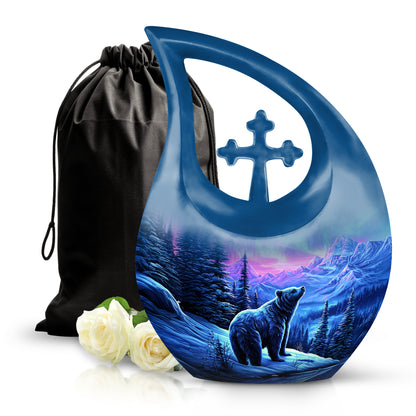 Majestic Purple Bear Cremation Urn top-down view of secure threaded lid - sacred cross merged with bear motif on metal - full-size 10 inch 200 cubic inch adult cremation urn