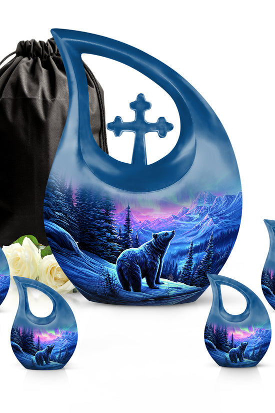 Majestic Purple Bear Cremation Urn urn with complimentary velvet bag - sacred cross merged with bear motif on metal - memorial set with one large and four small urns