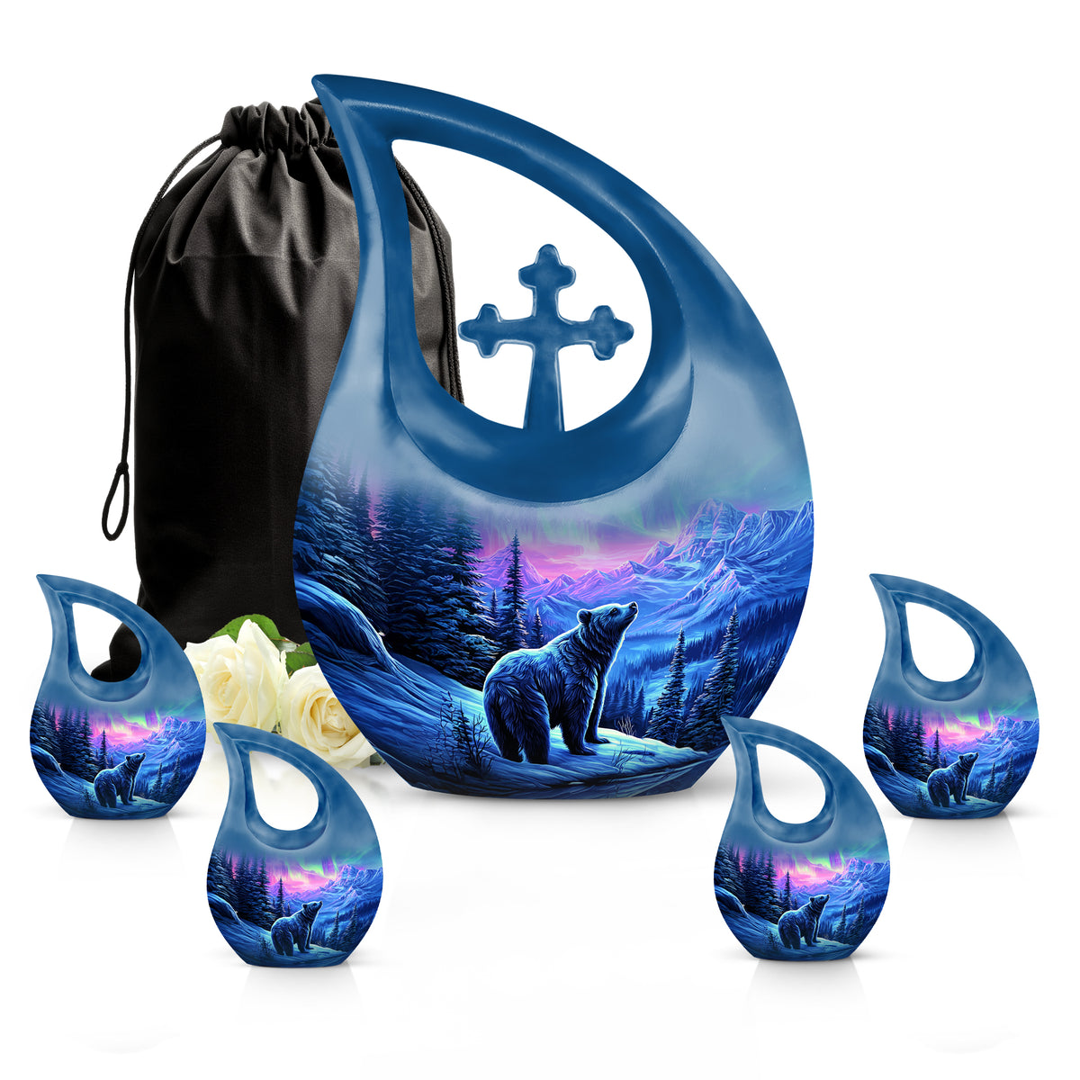 Majestic Purple Bear Cremation Urn urn with complimentary velvet bag - sacred cross merged with bear motif on metal - memorial set with one large and four small urns