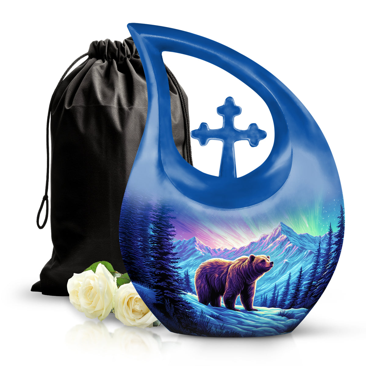 Soft Pink Bear Cremation Urn top-down view of secure threaded lid - faith-inspired cross-drop urn with bear pattern - full-size 10 inch 200 cubic inch adult cremation urn