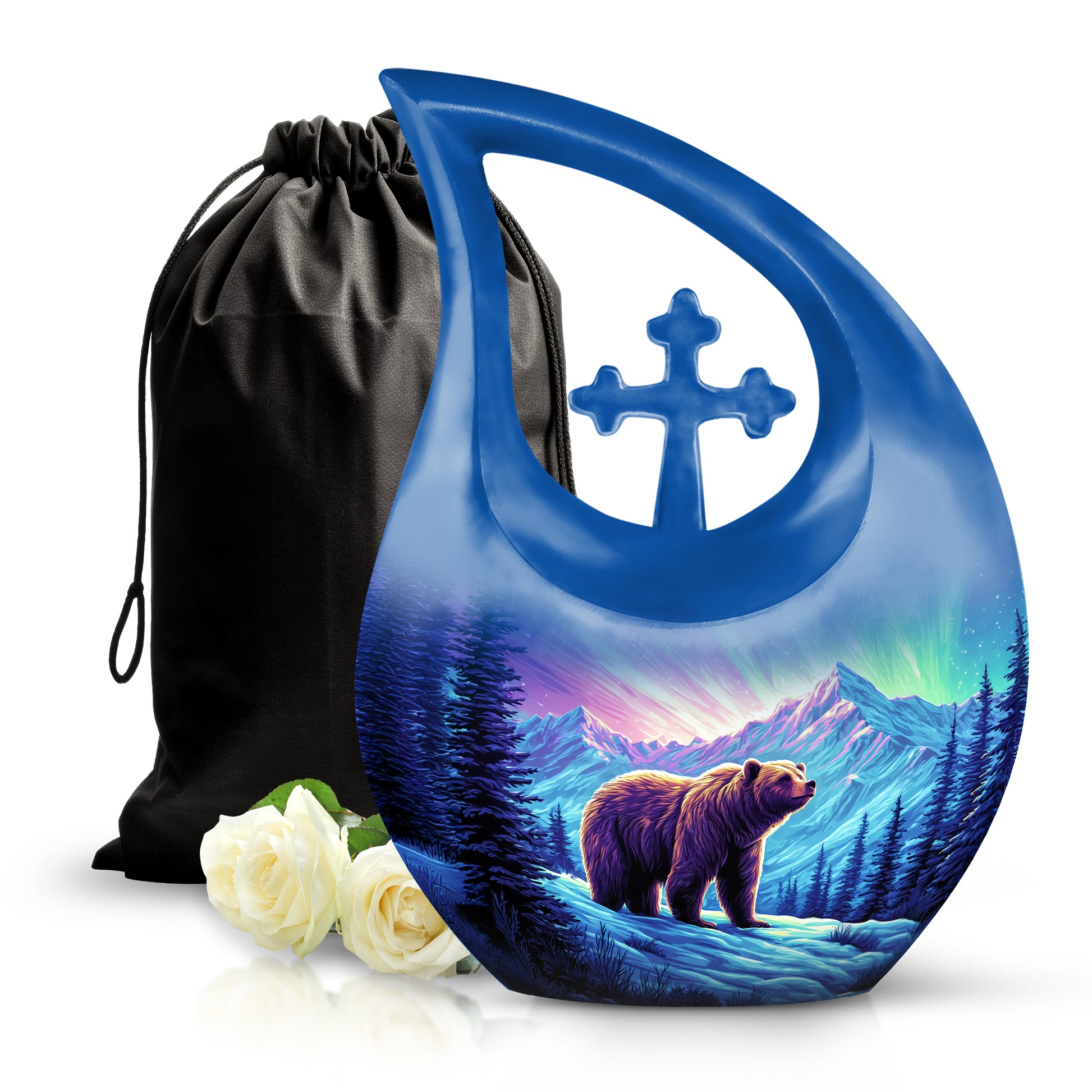 Soft Pink Bear Cremation Urn top-down view of secure threaded lid - faith-inspired cross-drop urn with bear pattern - full-size 10 inch 200 cubic inch adult cremation urn