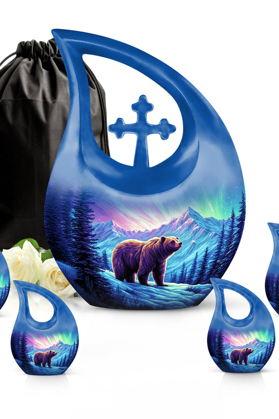 Pastel Pink Bear Cremation Urn urn with complimentary velvet bag - cross and bear combined in spiritual memorial design - memorial set with one large and four small urns