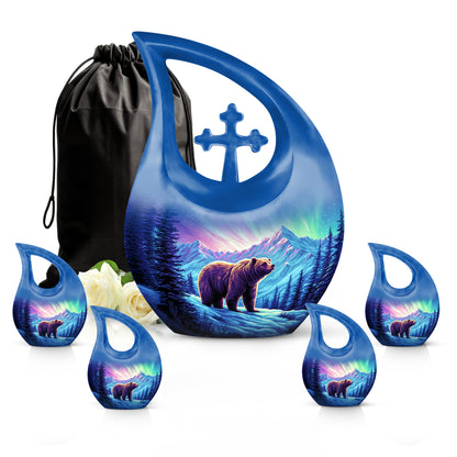 Pastel Pink Bear Cremation Urn urn with complimentary velvet bag - cross and bear combined in spiritual memorial design - memorial set with one large and four small urns