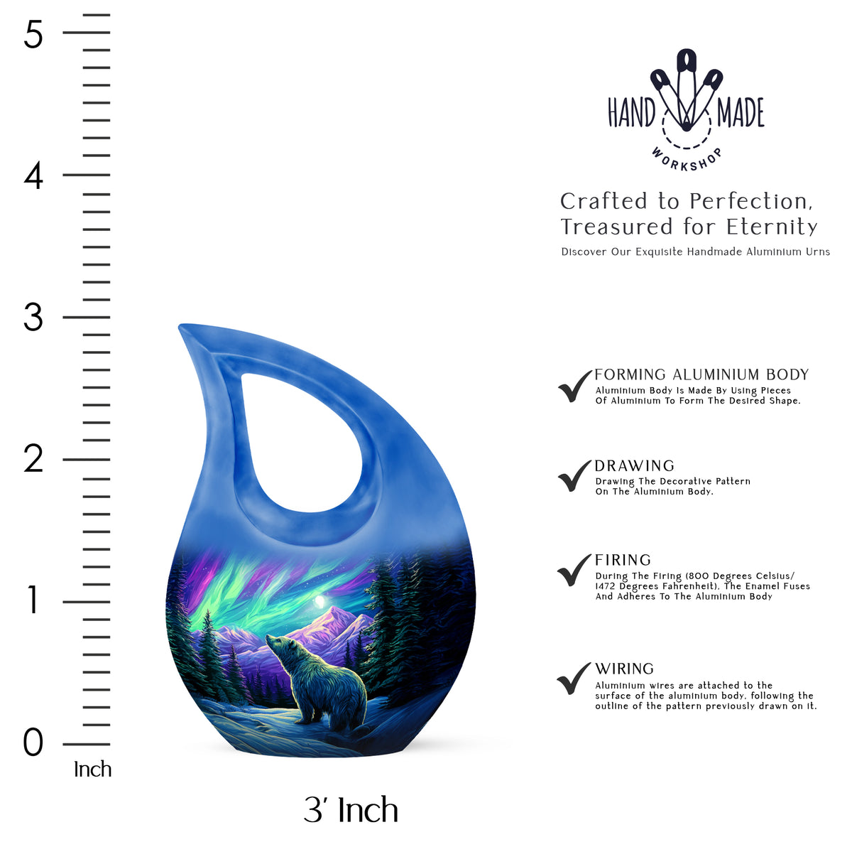 Sky Blue Bear Cremation Urn back view with polished surface - sacred cross merged with bear motif on metal - mini keepsake memorial for portion of cremation ashes