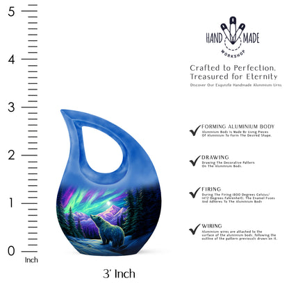 Sky Blue Bear Cremation Urn back view with polished surface - sacred cross merged with bear motif on metal - mini keepsake memorial for portion of cremation ashes