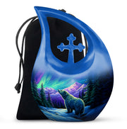 Pastel Blue Bear Cremation Urn top-down view of secure threaded lid - sacred cross merged with bear motif on metal - full-size 10 inch 200 cubic inch adult cremation urn