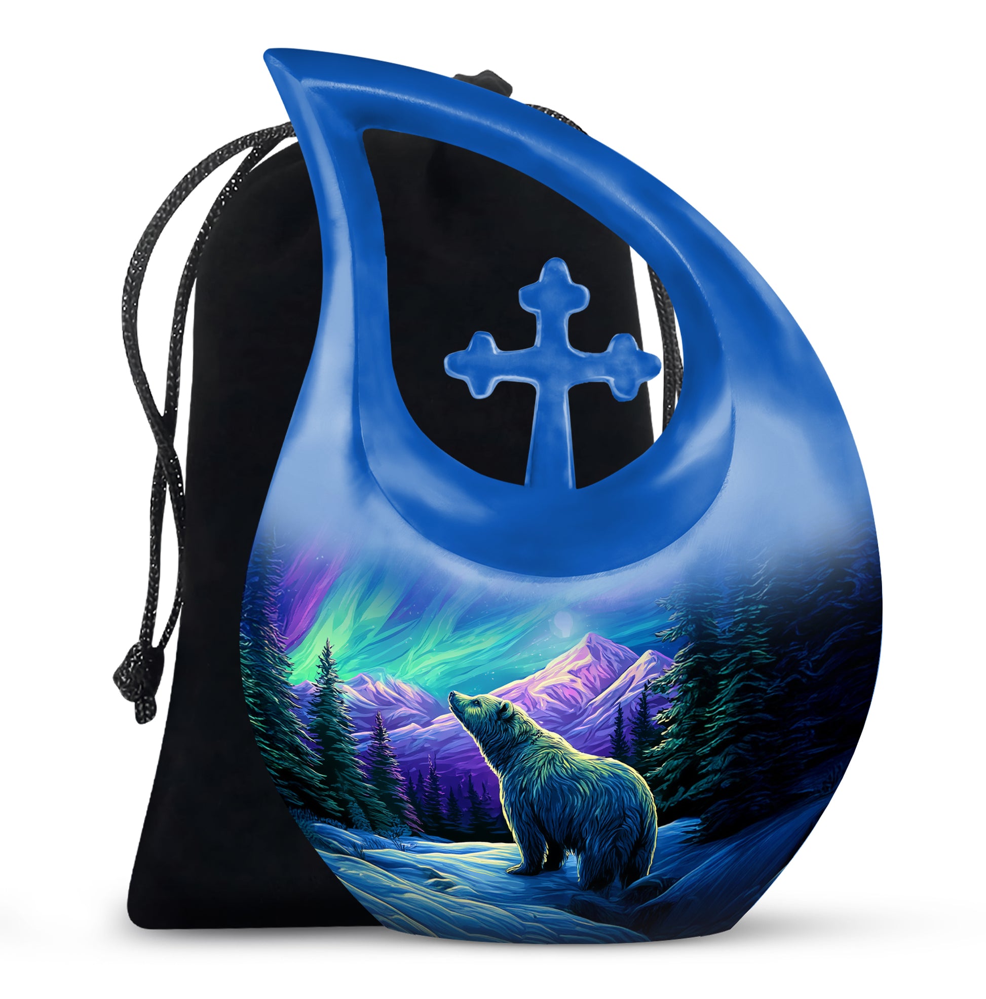 Pastel Blue Bear Cremation Urn top-down view of secure threaded lid - sacred cross merged with bear motif on metal - full-size 10 inch 200 cubic inch adult cremation urn