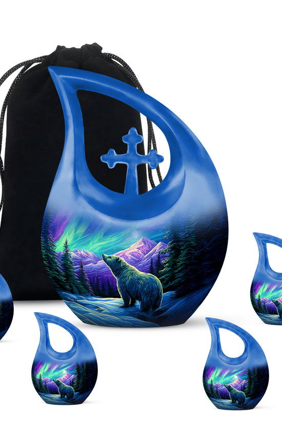 Azure Bear Cremation Urn urn with complimentary velvet bag - sacred cross merged with bear motif on metal - memorial set with one large and four small urns