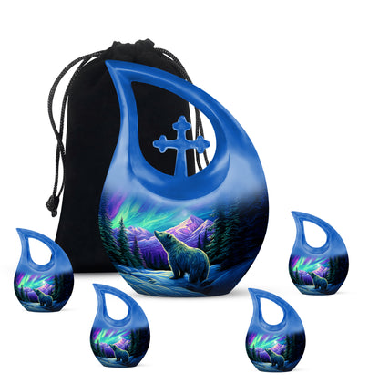 Azure Bear Cremation Urn urn with complimentary velvet bag - sacred cross merged with bear motif on metal - memorial set with one large and four small urns