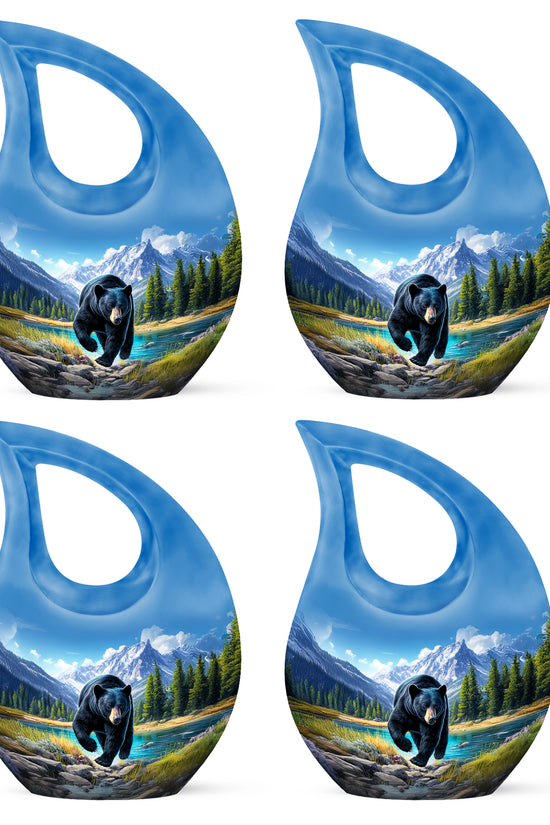 Twilight Blue Bear Cremation Urn lifestyle display on memorial shelf - faith-inspired cross-drop urn with bear pattern - 10 inch aluminum urn for cremated remains
