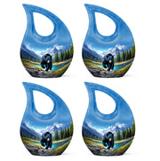 Twilight Blue Bear Cremation Urn lifestyle display on memorial shelf - faith-inspired cross-drop urn with bear pattern - 10 inch aluminum urn for cremated remains