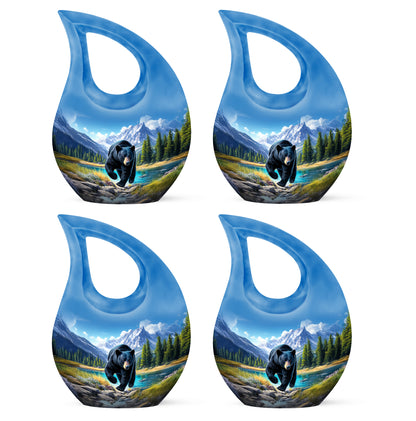 Twilight Blue Bear Cremation Urn lifestyle display on memorial shelf - faith-inspired cross-drop urn with bear pattern - 10 inch aluminum urn for cremated remains