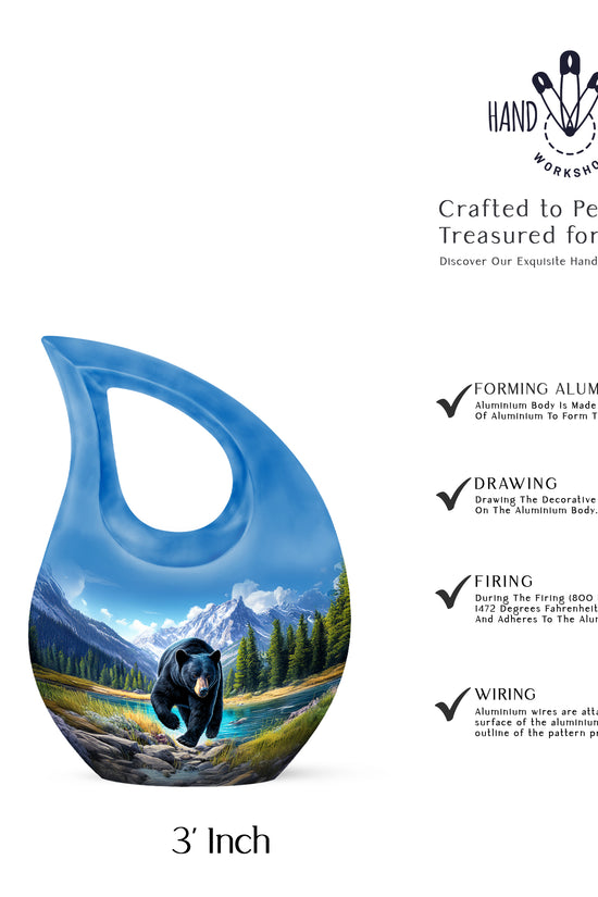 Pastel Blue Bear Cremation Urn back view with polished surface - cross and bear combined in spiritual memorial design - mini keepsake memorial for portion of cremation ashes