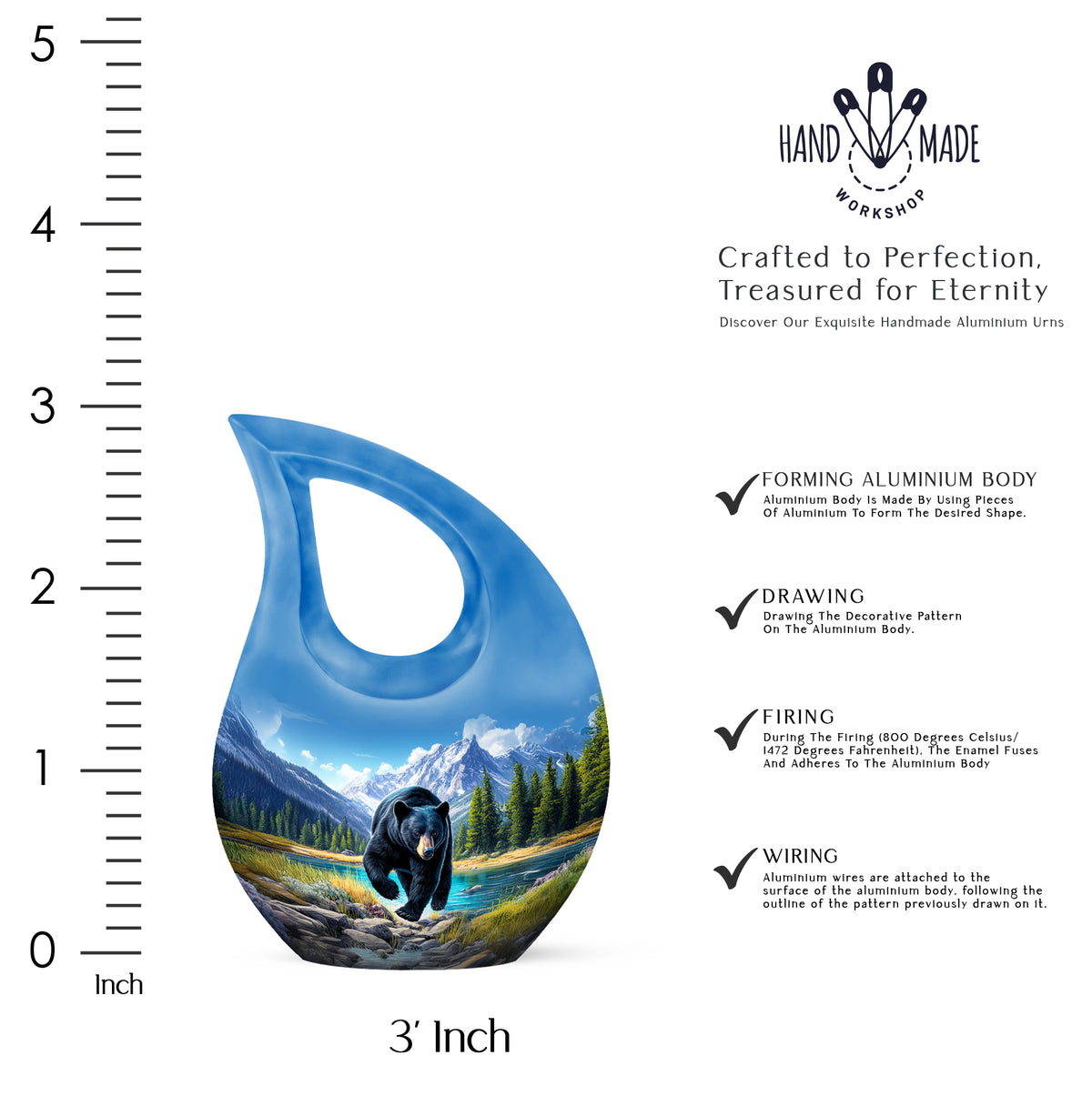 Pastel Blue Bear Cremation Urn back view with polished surface - cross and bear combined in spiritual memorial design - mini keepsake memorial for portion of cremation ashes