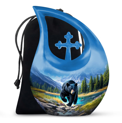 Twilight Blue Bear Cremation Urn top-down view of secure threaded lid - faith-inspired cross-drop urn with bear pattern - full-size 10 inch 200 cubic inch adult cremation urn