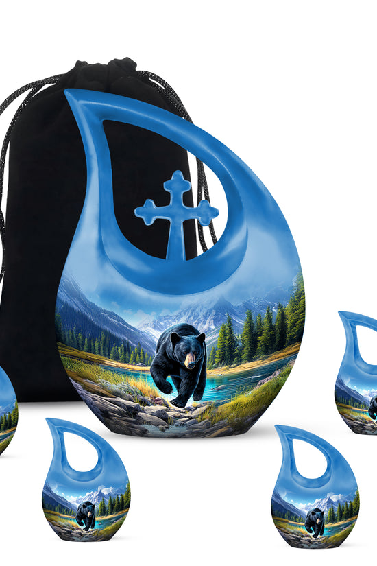 Sapphire Blue Bear Cremation Urn urn with complimentary velvet bag - faith-inspired cross-drop urn with bear pattern - memorial set with one large and four small urns