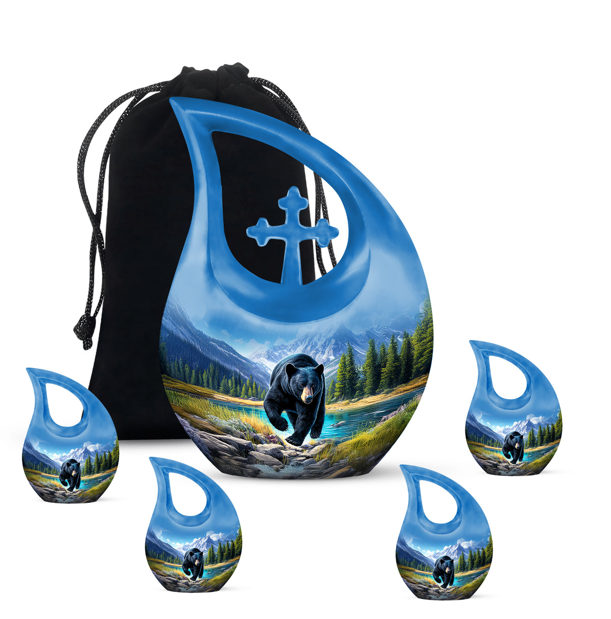 Sapphire Blue Bear Cremation Urn urn with complimentary velvet bag - faith-inspired cross-drop urn with bear pattern - memorial set with one large and four small urns