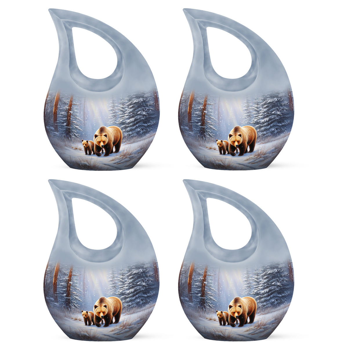 Moonlight Silver Bear Cremation Urn lifestyle display on memorial shelf - devotional cross-drop bear engraving - 10 inch aluminum urn for cremated remains