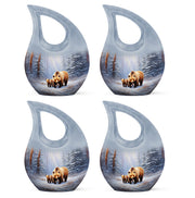 Moonlight Silver Bear Cremation Urn lifestyle display on memorial shelf - devotional cross-drop bear engraving - 10 inch aluminum urn for cremated remains