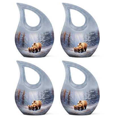 Moonlight Silver Bear Cremation Urn lifestyle display on memorial shelf - devotional cross-drop bear engraving - 10 inch aluminum urn for cremated remains