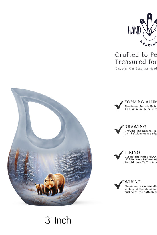 Frosted Silver Bear Cremation Urn back view with polished surface - devotional cross-drop bear engraving - mini keepsake memorial for portion of cremation ashes